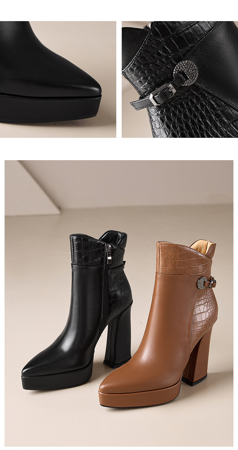Boot nữ cổ thấp mũi nhọn da bò cao cấp gót siêu cao đế dày mùa thu đông — nâu, màu đen chi tiết 11