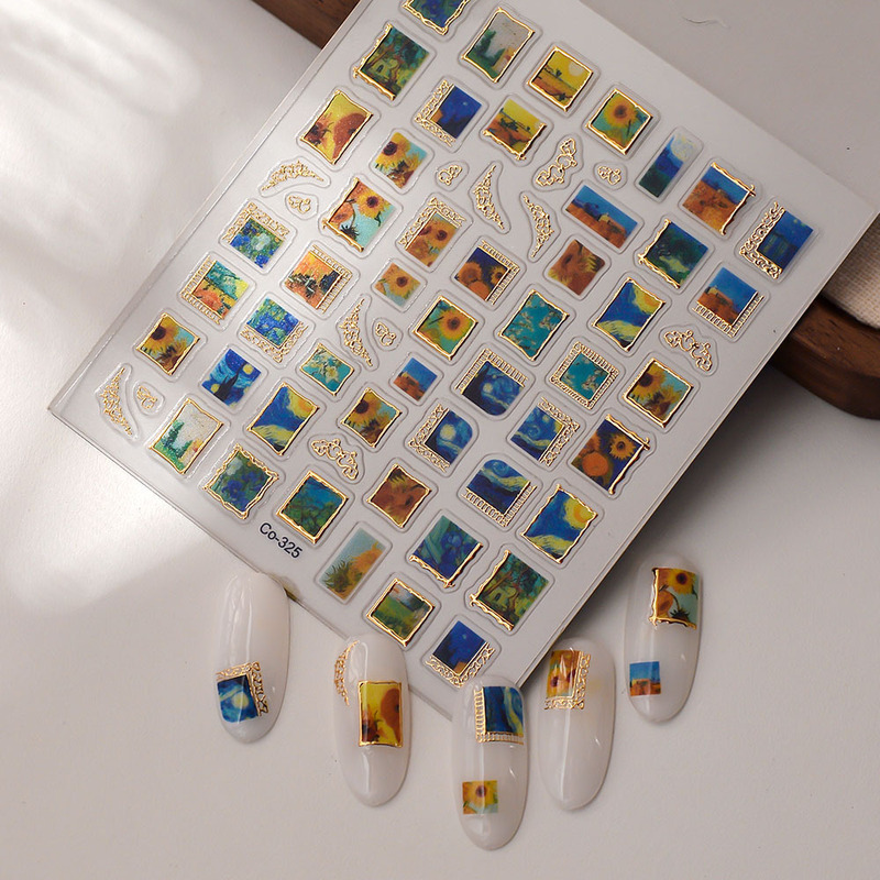 Baroque Vintage Oil Painting Nail Art Sticker Sunflower Bronzing Stereo Van Gogh Star Nail Sticker European and American Style