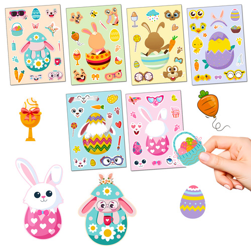 6 pieces/pack Easter egg face-changing stickers for kids DIY cross-border cute egg puzzle cartoon sticker
