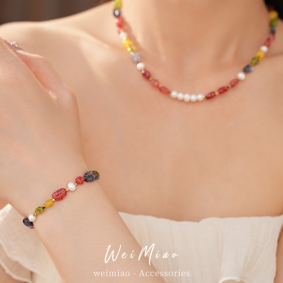 Collar de perlas de piedra de colores lujo ligero nicho de alta calidad collar de perlas temperamento de vacaciones accesorios dulces set de joyas