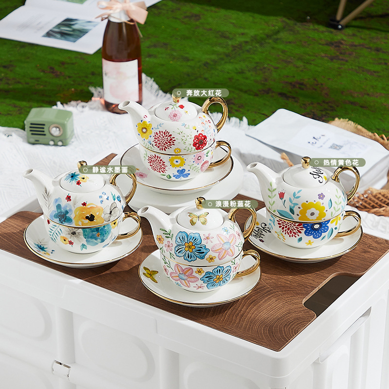 INS cerámica juego de té flor traje tetera británica taza Madre y niño olla Amazon Venta caliente cafetera hervidor regalo