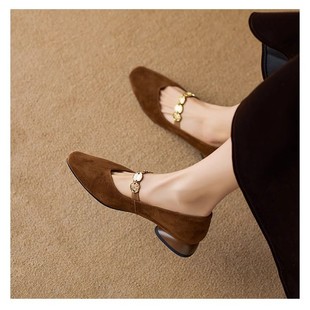 French Retro Square-Toe Shallow Suede Shoes for Women, New Autumn Breathable and Elegant Casual Chunky Heel Mary Jane Shoes
