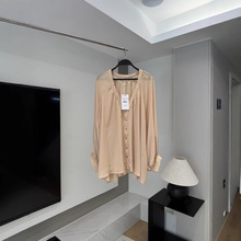 2025夏季新品女装打褶不对称圆角形下摆V领长袖衬衫上衣 2947333