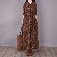 中国风复古盘扣小碎花棉麻连衣裙女春秋抽绳收腰显瘦打底长裙