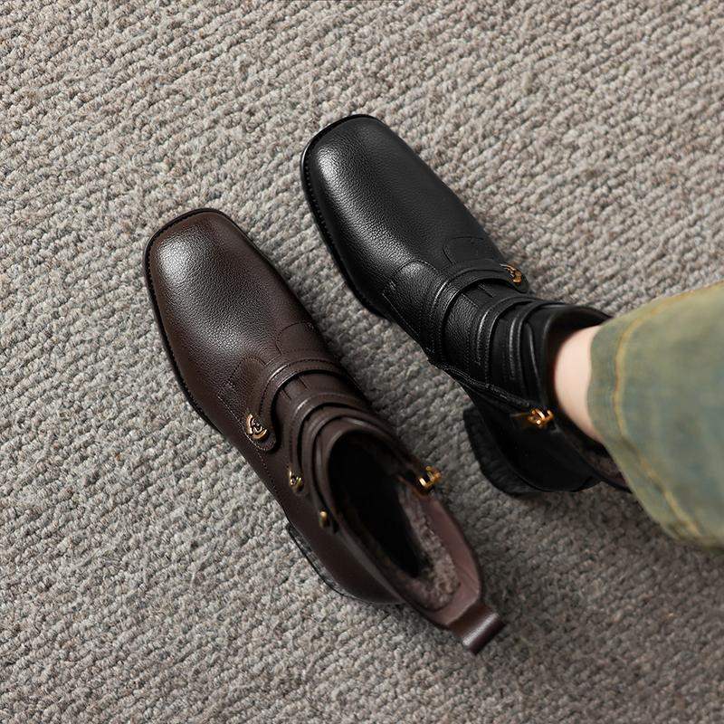 작은 히터 ~ 기모 두껍게 ~ 양가죽 레트로 가죽 패션 스노우 부츠 여성의 겨울 중간 힐 두꺼운 힐 부츠 여성용 부츠