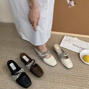 Baotou Half Slippers for Women's Outer Wear 2025 Summer Korean Style New Square Toe Slip-On Lazy High-Heeled Mule Sandals