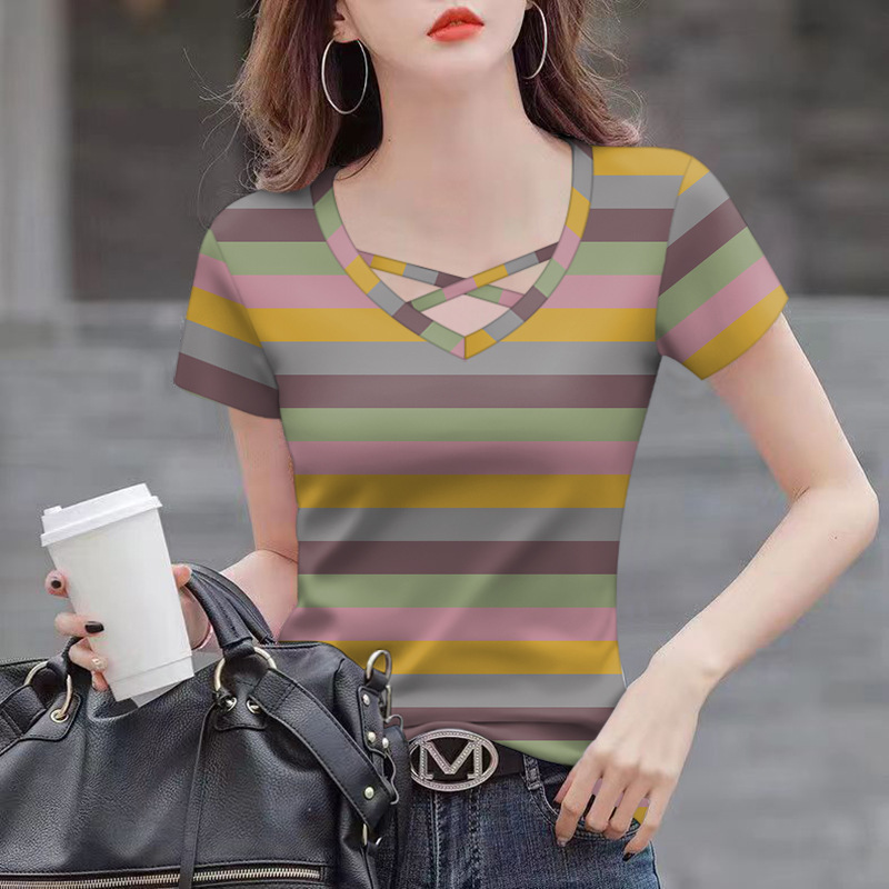 卸売 2025 新しい夏のホットスタイルの女性の T シャツ痩身お腹カバー V ネックファッション半袖ドロップシッピング|undefined