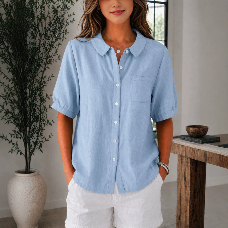 2026 Summer Cotton and Linen Short-Sleeve Shirt for Women, Loose Fit with Turn-Down Collar and Pockets, Versatile Solid Color Top for Work and Casual Wear