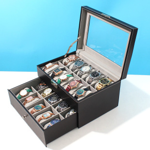 Black PU inner gray velvet watch box 20 double Watch storage box glass flip watch display box
