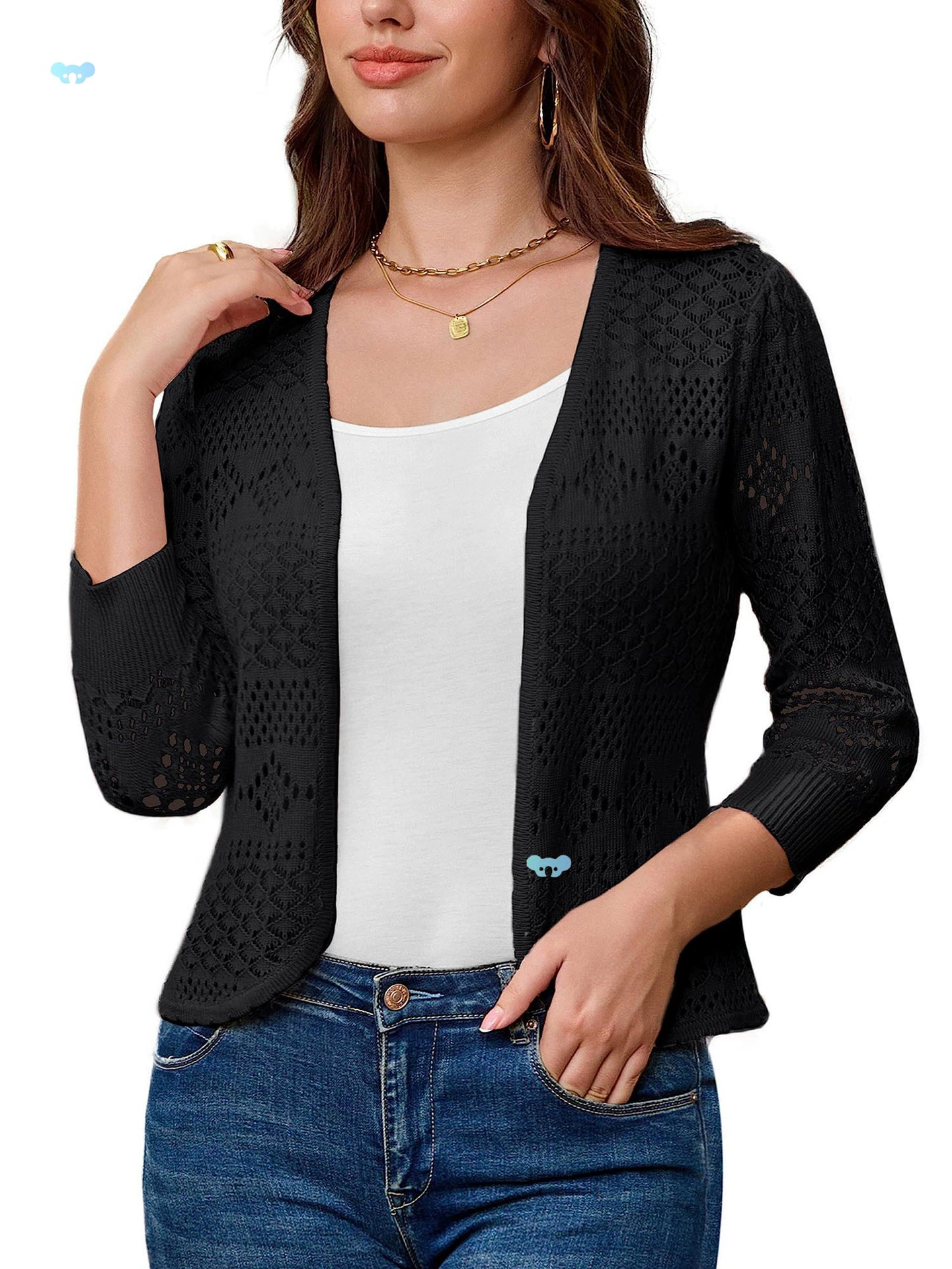 Женский укороченный кардиган с 3/4 рукавами и пуговицами крючком