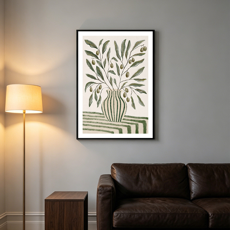 Flor verde nórdica ramas de olivo vaso pintura decorativa sala de estar sofá fondo pared de plantas pinturas colgadas de arte simple image 5