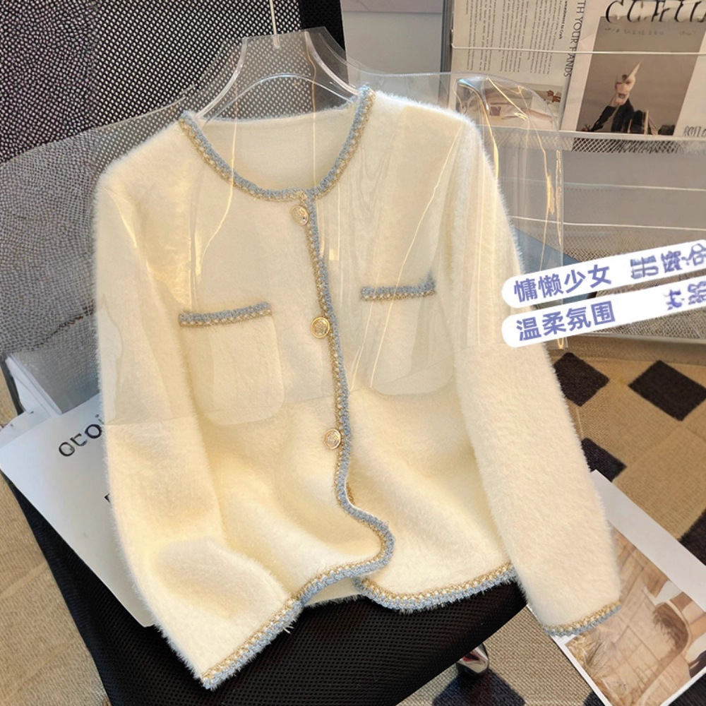 法式高级感拼接水貂绒毛衣外套女秋冬装2025新款时尚针织开衫上衣