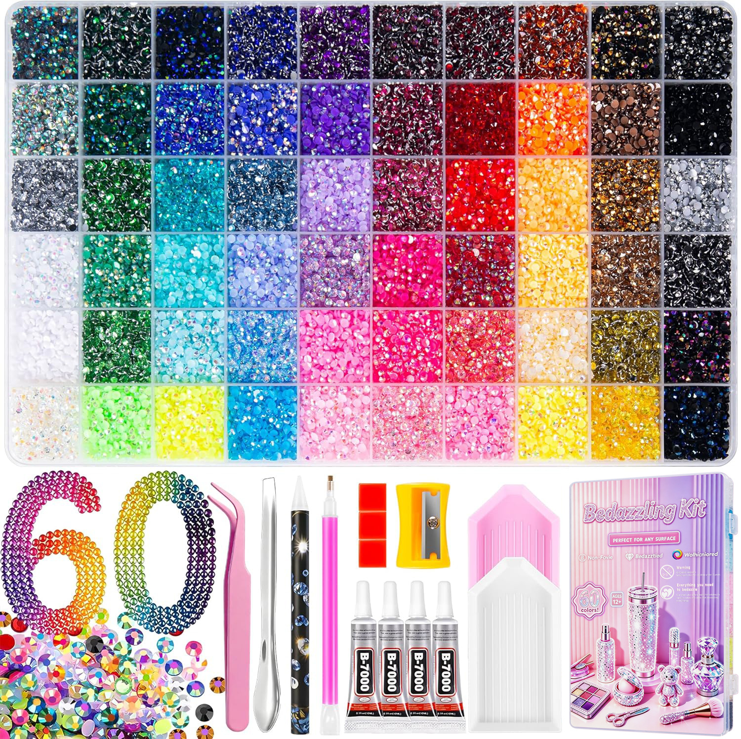 Hot-Selling Cross-Border Label-Attached Dropshipping 24-Color, 28-Color, 40-Color, 48-Color, 60-Color Nail Rhinestone Set Large Capacity Resin Rhinestones Ab