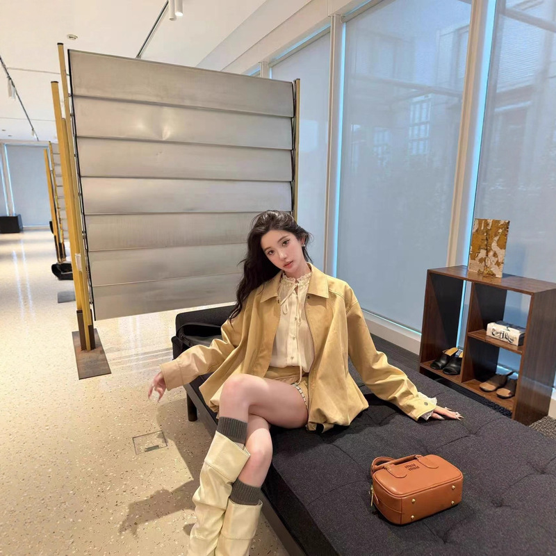 Barb chill翻领夹克短外套女早秋卡其色套装不规则工装风半身裙|undefined