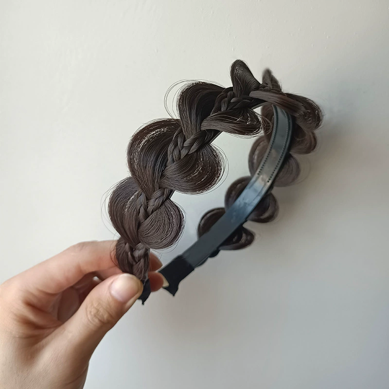 handmade wig headband with pigtail, scalloped hair accessory, matte silk, Ø≈15 cm