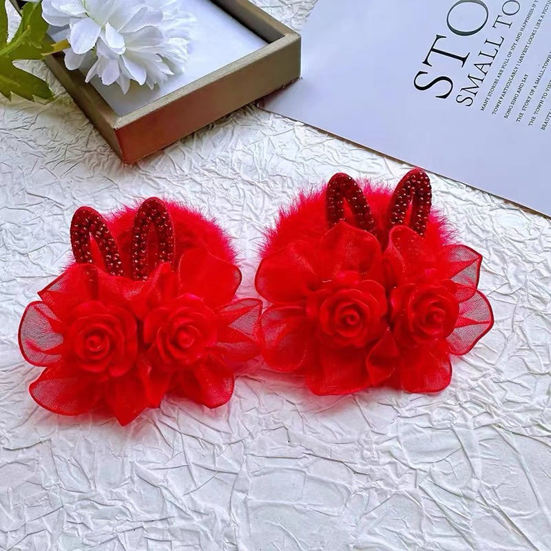 Año Nuevo accesorios para el cabello para niños pelucas rojas flores anillo de cabello orejas de conejo rosas perlas cuerda de cabeza para niñas bebés de vacaciones