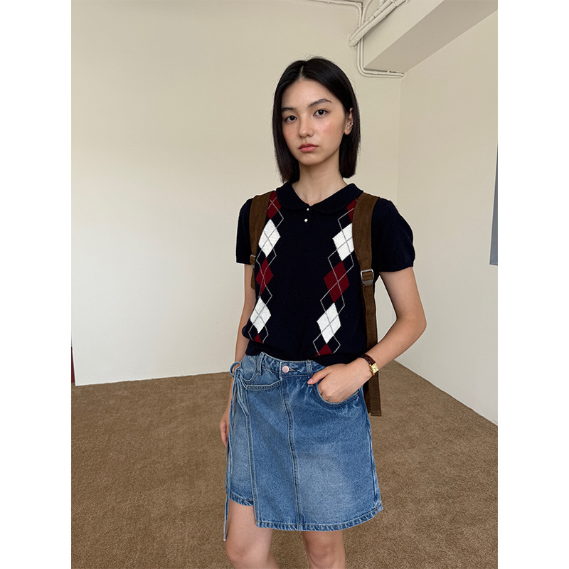Fu miu系学院风菱格提花polo针织衫女2025秋季新款短袖羊毛衫1066|undefined