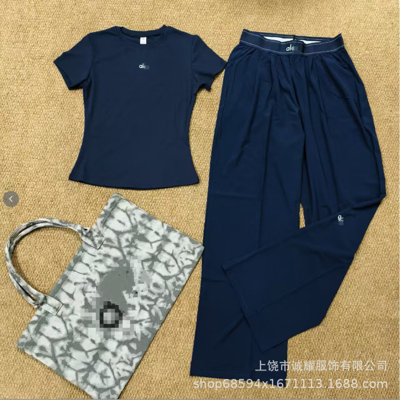2026 New Model Al Yoga Slim-Fit Short-Sleeve Slimming Casual Round-Neck Top with Delicate Small Logo + Woven Long Pants
