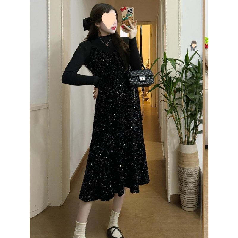 기질적인 임산부 드레스 2025 서스펜더 스커트 밝은 실크 아우터웨어 솔리드 컬러 긴팔 베이스 작은 향수 스타일 유행 슬림 임산부 스커트