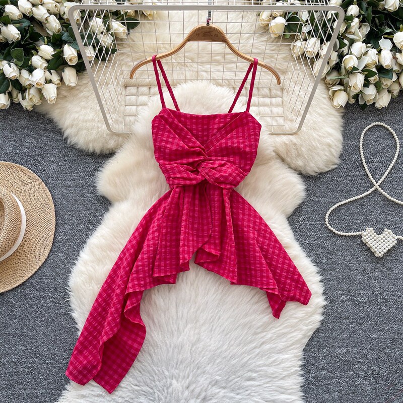 Foreign Trade Pure Desire Chic Camisole Women's Summer Design with Twisted Waist, Sleeveless Irregular Plaid Top Foreign Trade Pure Desire Chic Camisole Women's Summer Design with Twisted Waist, Sleeveless Irregular Plaid Top