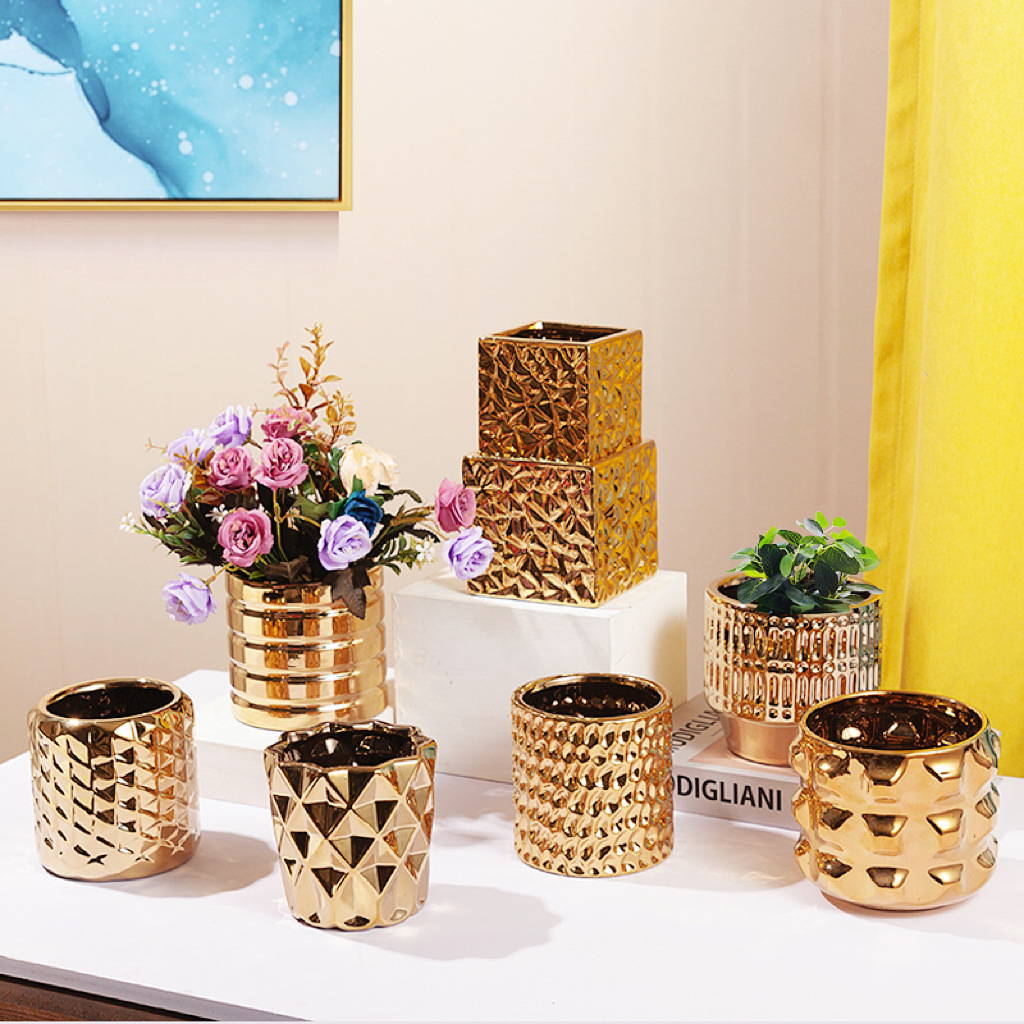 Light luxury gold electroplated ceramic flowerpot wholesale embossed geometric art desktop Nordic glazed indoor artificial flowers