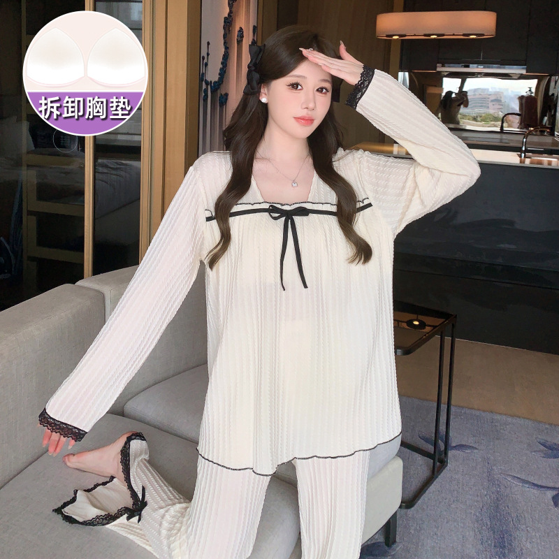 Chanel estilo francés pijamas para las mujeres primavera y otoño nuevo Jacquard de manga larga con almohadilla en el pecho más tamaño portátil homewear