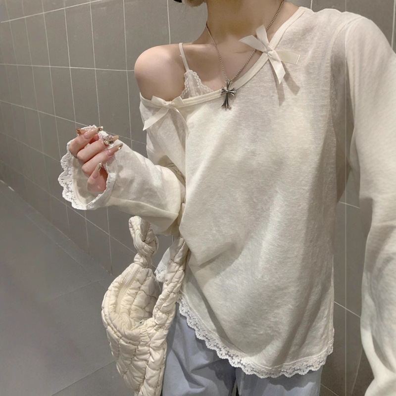 Oblique Collar Bow Long-sleeved Sunscreen T-shirt Women's Spring 2025 New Korean Style Loose Blouse Lace Stitching Top