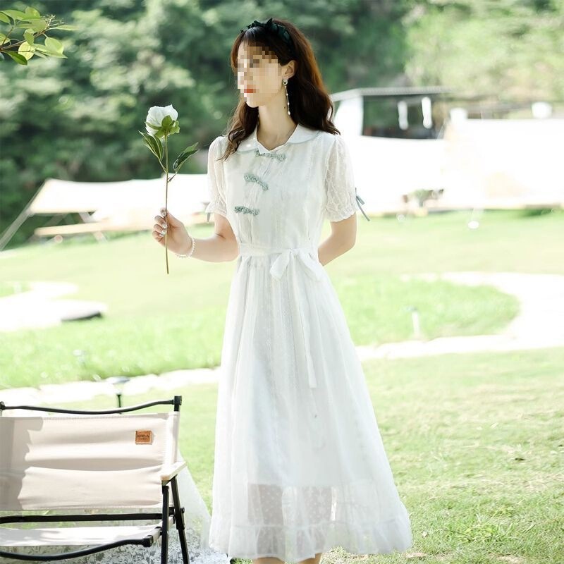 Chinese-Style Buttoned White Dress, High-End Light Luxury, Artistic Retro Mid-Length Dress, High-Waisted Slimming Short-Sleeve A-Line Dress
