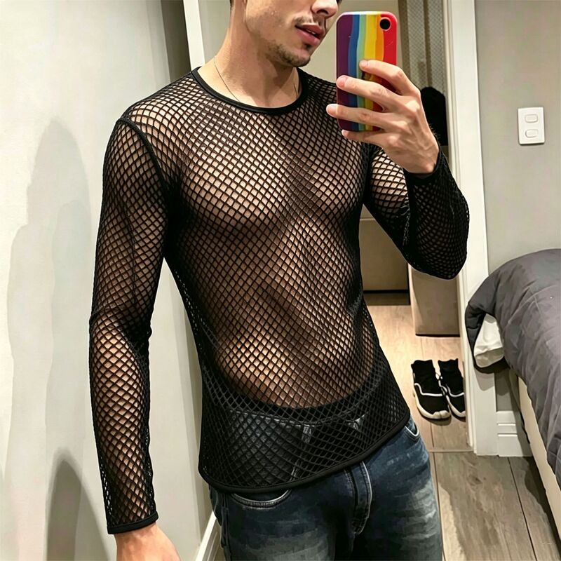 Cross-border European and American Men's Mesh Long-sleeved Shoulder Perspective T-shirt Sexy Night Clothes Fitness Breathable Fishnet Hollow T-shirt