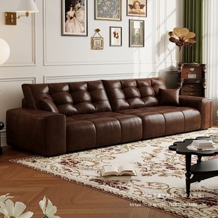 French Retro Style Antique Oil Wax Leather Large Black Bear Sofa Small Apartment Modern Minimalist Living Room Leather Art Straight Row Distressed