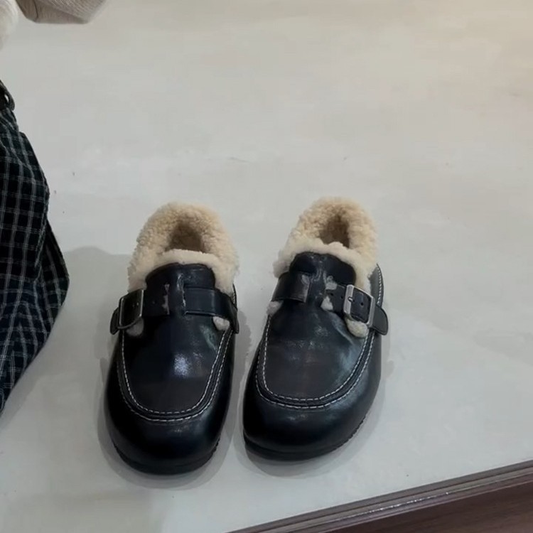 羊皮版~复古加绒乐福鞋女新款圆头内增高勃肯鞋保暖毛毛单鞋棉鞋