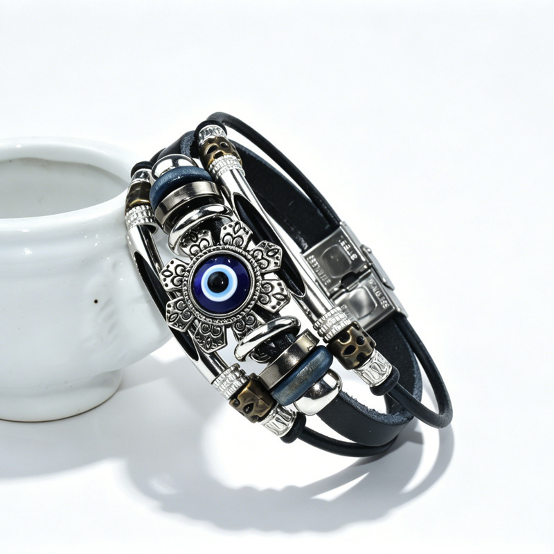 Vintage multi-layer leather cord evil eye demon eye cowhide bracelet, couple's Turkish blue eye protection bracelet Vintage multi-layer leather cord evil eye demon eye cowhide bracelet, couple's Turkish blue eye protection bracelet