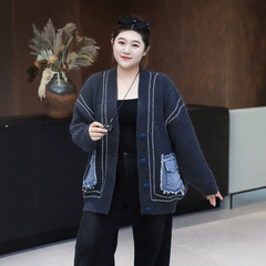 2025秋冬款拼接牛仔口袋毛衣外套宽松慵懒百搭针织开衫女大码胖mm