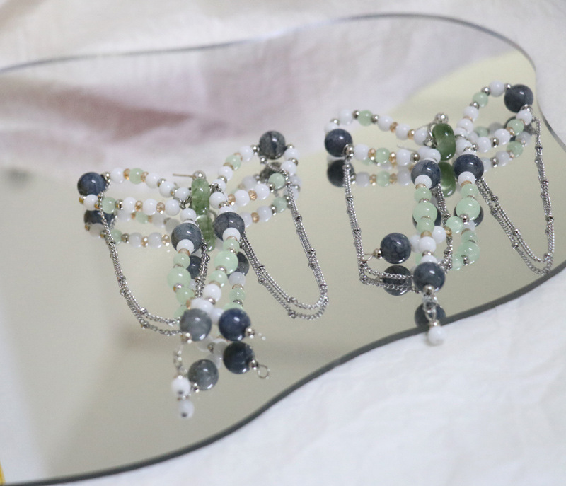 Vintage Jade Green White Beaded Chain Bow Alloy Earrings Womenpicture5