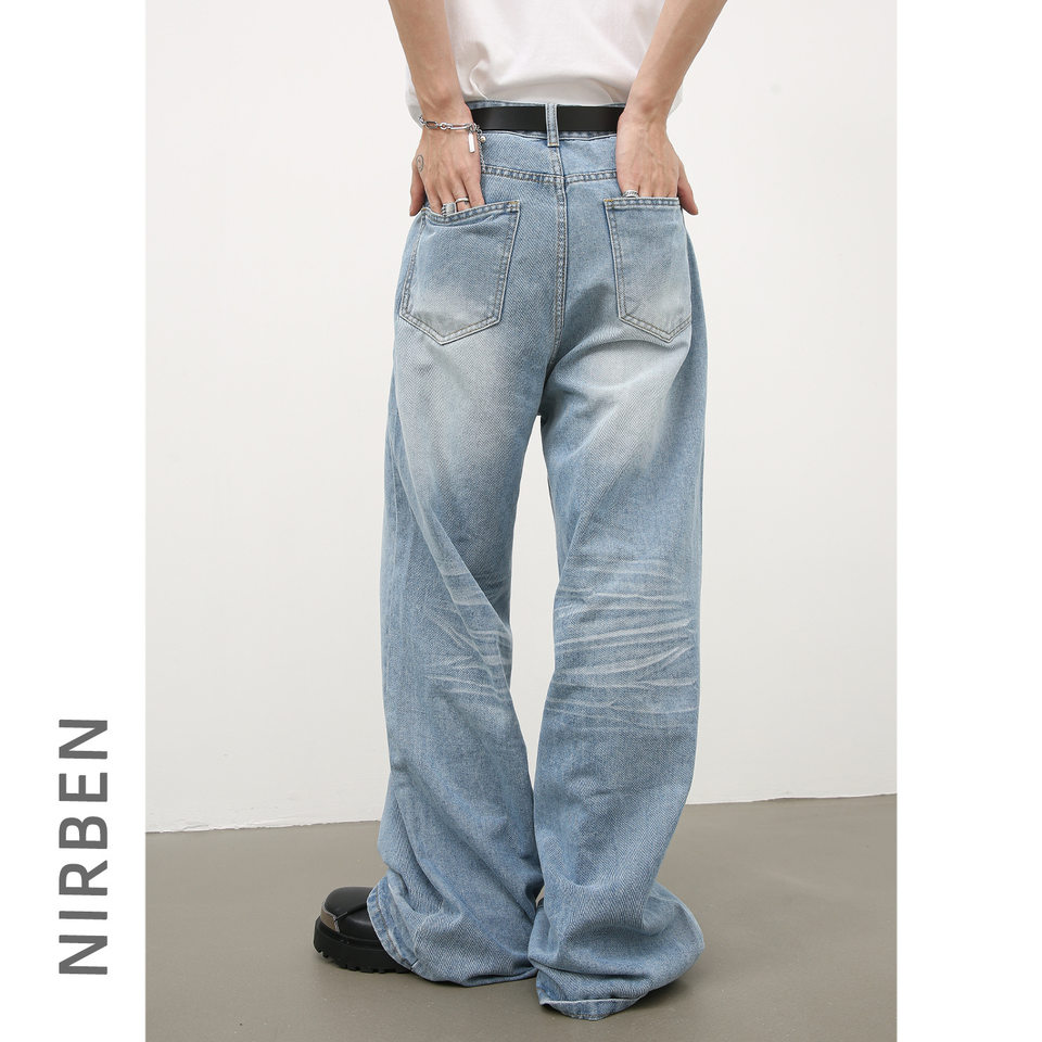 Quần jean nam ống đứng dáng suông rộng, vải denim giặt nước hiệu ứng nếp gấp, phong cách đường phố — Màu xanh lam