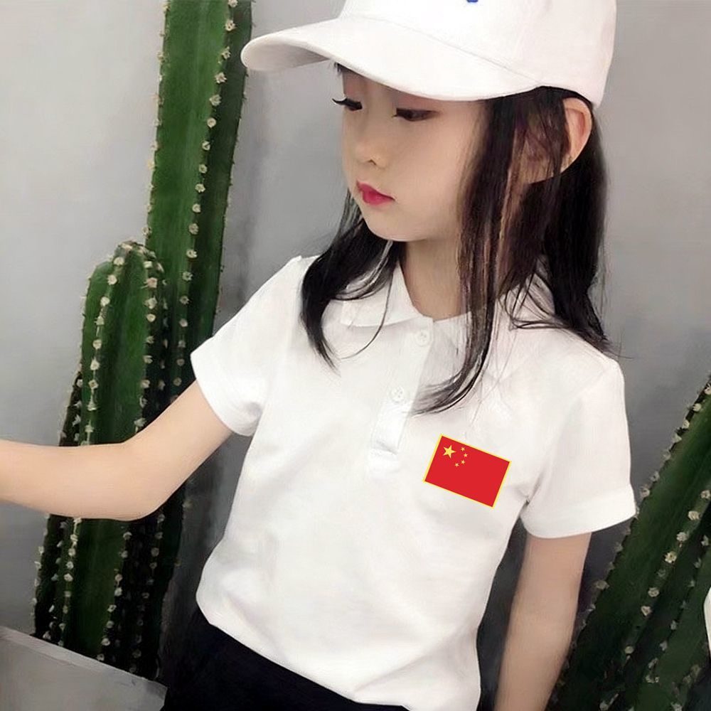 Chinese style children's summer white national flag polo shirt, collared short-sleeved, 100% pure cotton, trendy top for boys and girls.