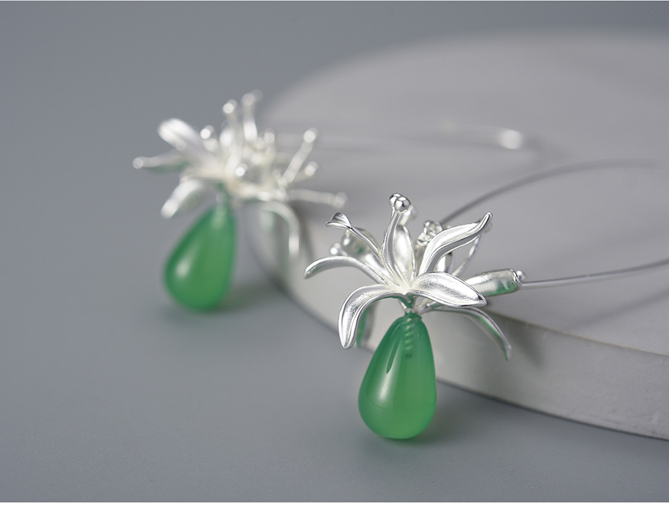 1 Pair 925 Sterling Silver Agate Flower Drop Earrings display picture 7