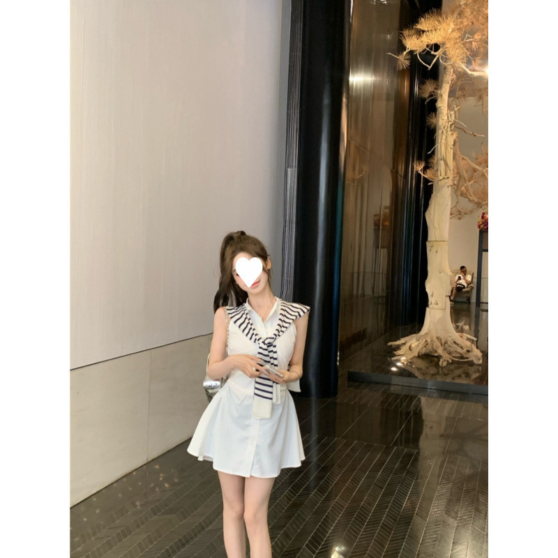 Summer New Korean Style White Polo Collar Shirt Dress Versatile Waist Pleated Skirt with Stripesd Shawl