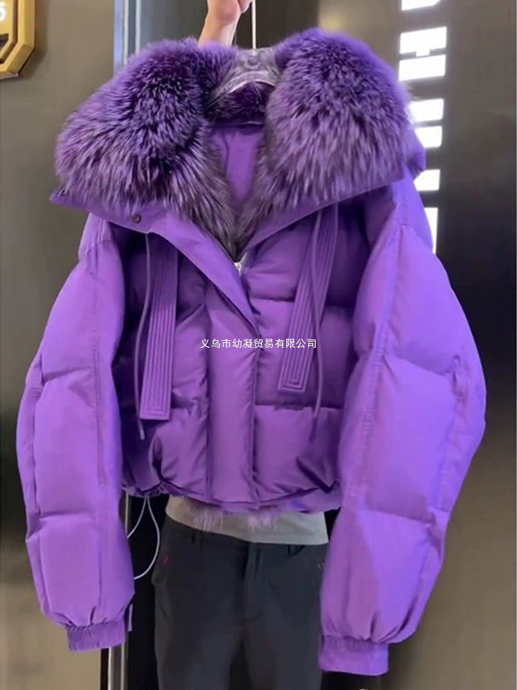 紫色大毛领短款羽绒棉服女装冬季大码胖mm感好看保暖棉衣外套