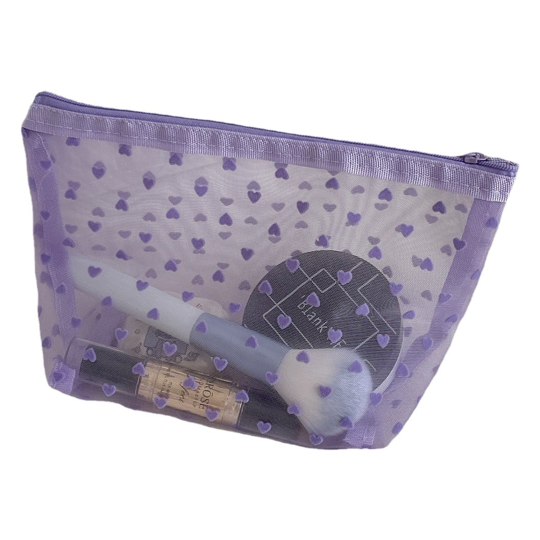 Flocado malla amor bolsa de cosméticos estudiante multi-funcional portátil transpirable transparente bolsa de almacenamiento visual Taro púrpura bolsa