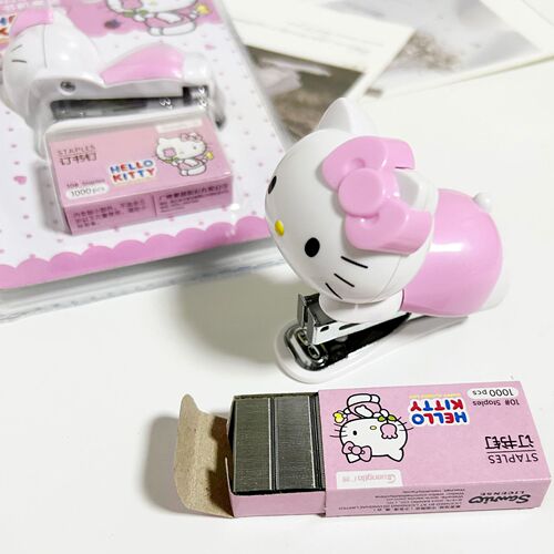 Stapler pink girly heart cartoon KT cat mini stapler student test paper binding machine set wholesale