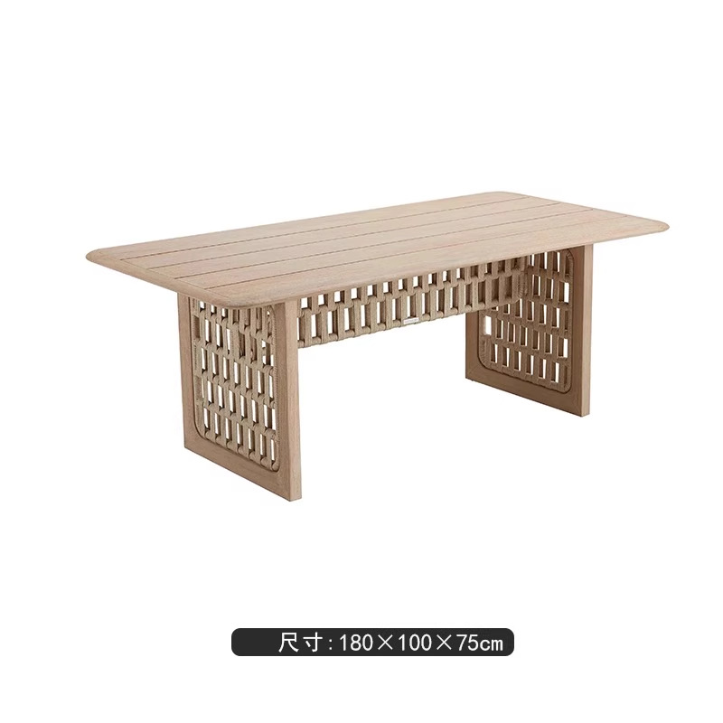 Mesas y sillas de ratán de teca al aire libre Combinación Villa Patio Jardín Mesa al aire libre Mesa larga de ocio Muebles de solárium al aire libre