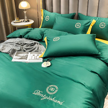 簡約純色純棉刺綉四件套日式全棉床單床笠款跨境外貿雙人床上用品