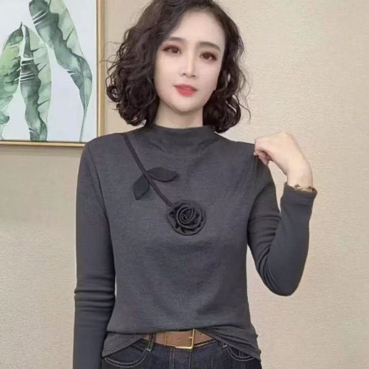 抖音直播爆款一件代发2025早秋新品时尚洋气立体花朵设计长袖T恤|undefined