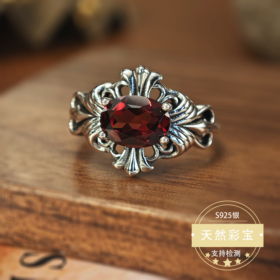 925 Sterling Silver Inlaid Natural Garnet Ring, Vintage Distressed Cross Ring, Popular Cross-Border Live Broadcast Item