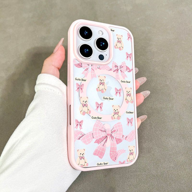 Wholesale Magnetic Phone Case Suitable for iPhone 17Promax Skin Feel 11/12/13/14/15 Bowknot Bear