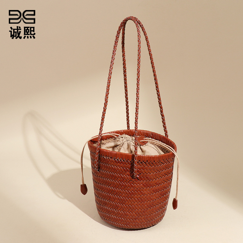 夏季沙滩度假菜篮子真皮编织女包休闲简约手提子母包单肩腋下包包 - Thumbnail 3