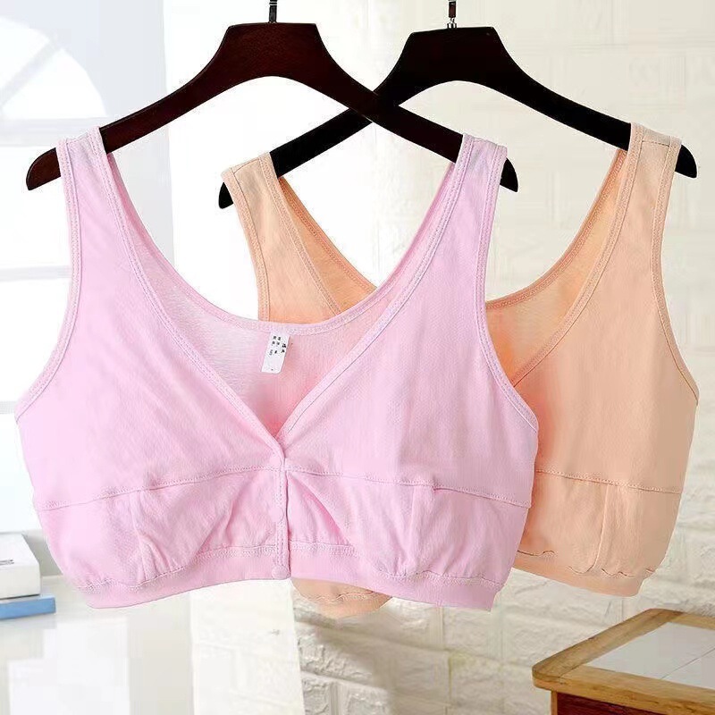 Women's Pure Cotton Bra Middle-aged and Elderly Underwear with Front Buckle Breathable Plus Size Pure Color Pure Cotton Breastfeeding Cover Bra without Rings