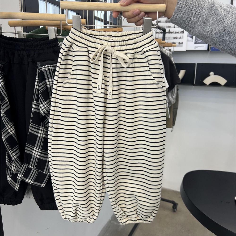 Primavera alla moda per ragazzi e ragazze sanitari 2024 per bambini versatili americani pigri leggings pantaloni sportivi a righe_voghion.com