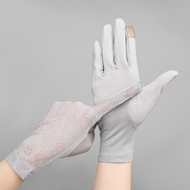 Ladies' thin ice silk summer driving cycling anti-slip elastic lace touch screen ice silk sun protection gloves